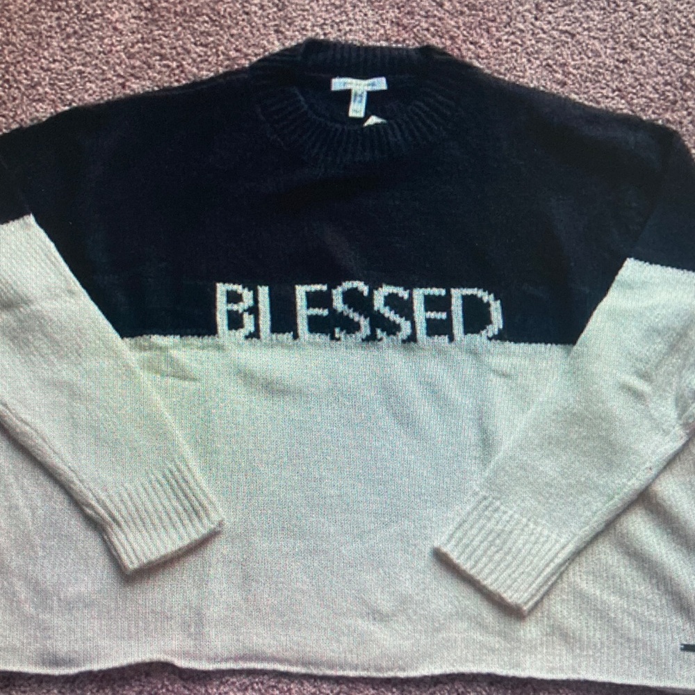Peace Love World Black & Cream 'BLESSED' Colorblock Crewneck Sweater
